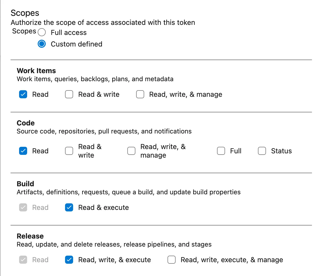 Work Items - Read, Code - Read, Build - Read & execute, Release - Read, write, & execute